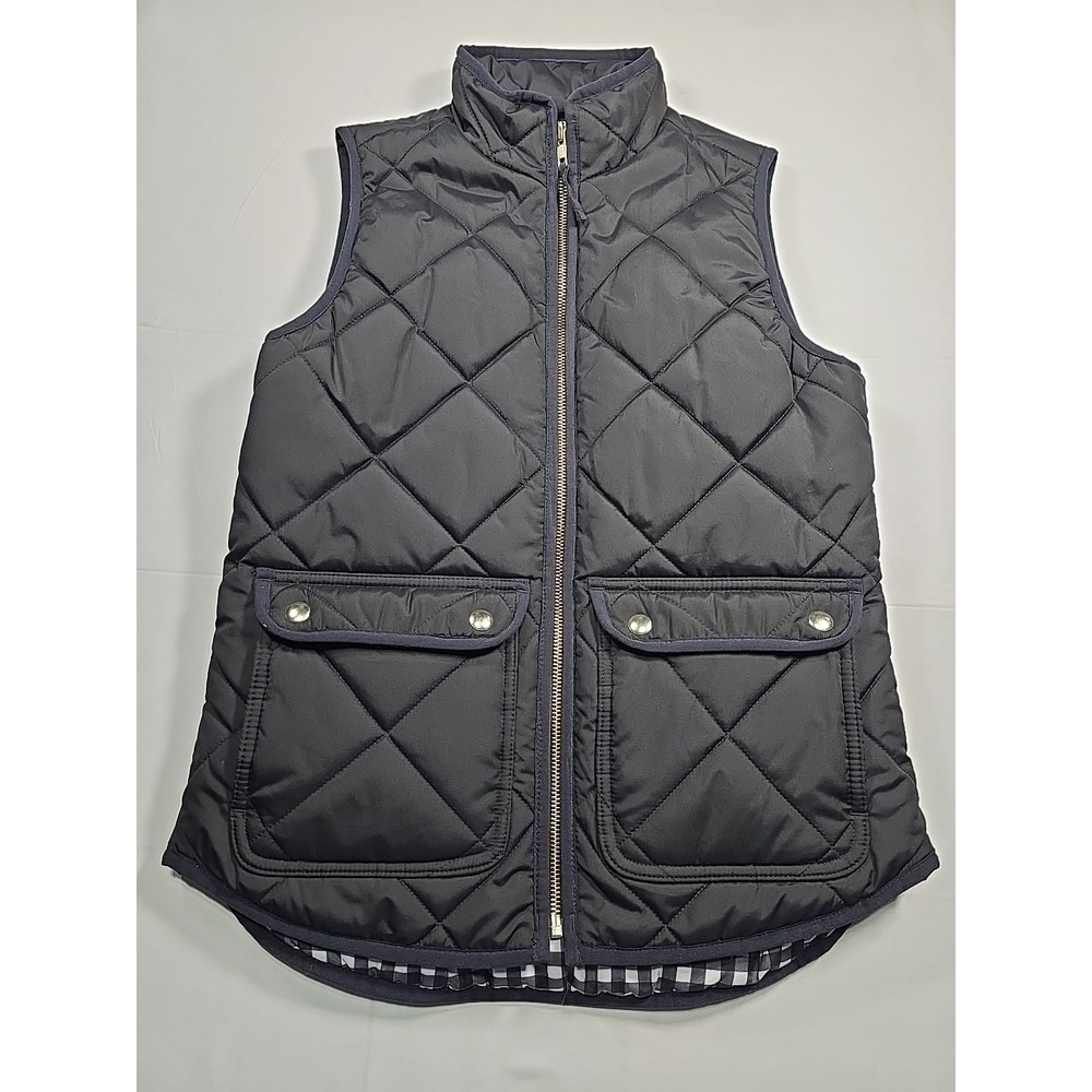 J. Crew Women XXS Puffer Vest Snap Pockets AP678 Black Check Gingham Lined